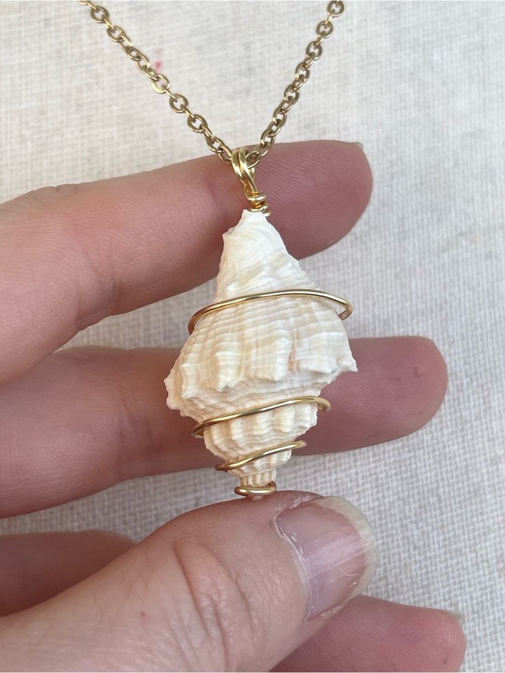 White Spiral Seashell Gold Wire Wrapped Necklace